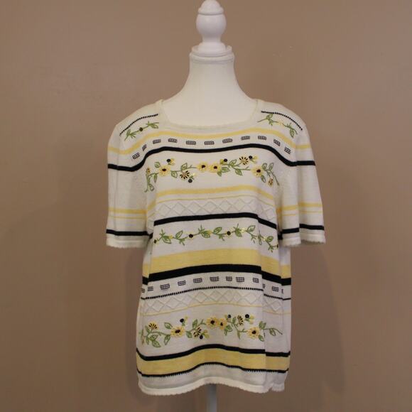 Vintage Alfred Dunner Gingham and Daisy Short Sleeve Scalloped Sweater sz S - Picture 1 of 6